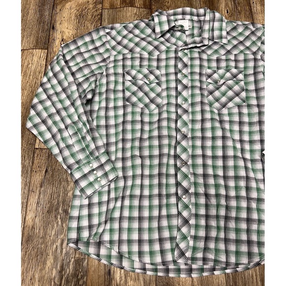 Wrangler Wrancher Pearl Snap Shirt XL Green Black White Plaid Cotton Blend - Picture 4 of 5